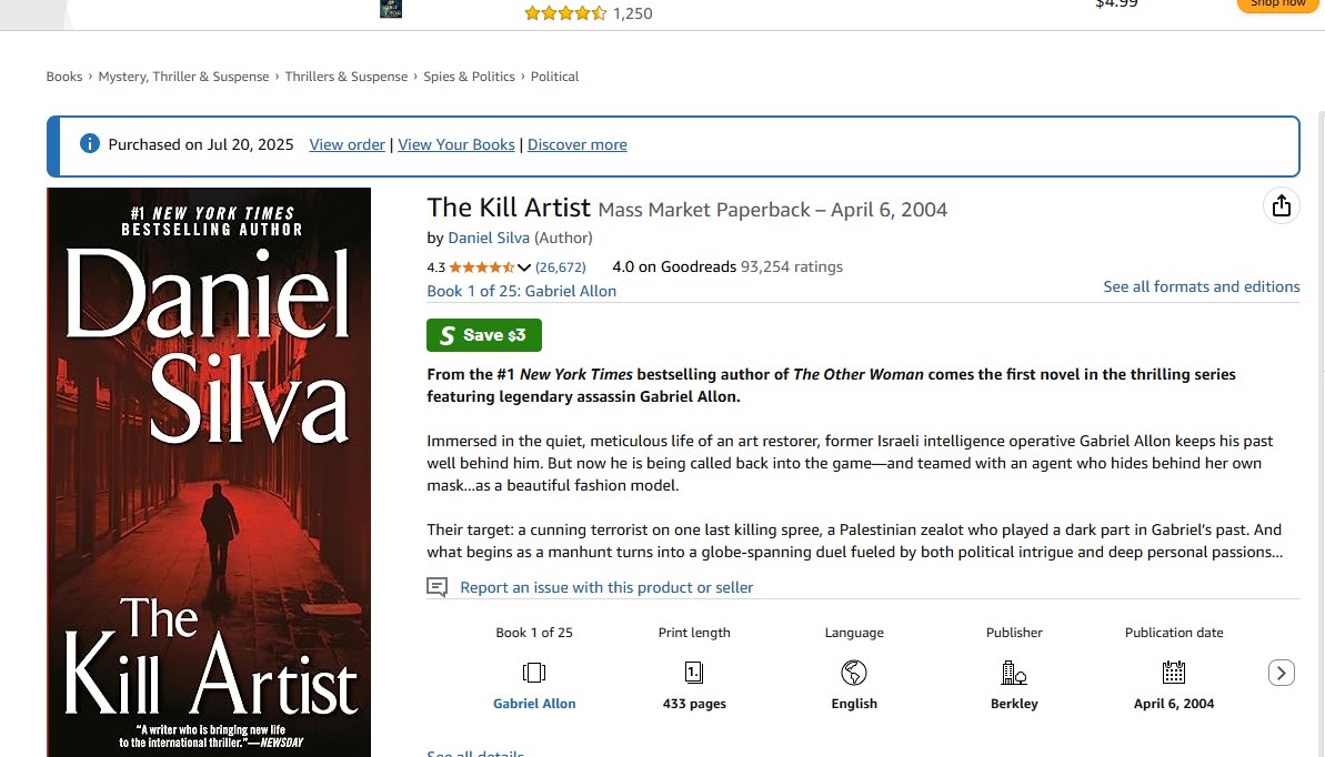 JeffStorobinsky's tweet image. .@jamiegangel @danielsilvabook
Just bought the first book in the Gabriel Allon series. I can't wait. I also can't believe it took me so long.
Time to return to my passion of reading and detach from being online a bit !