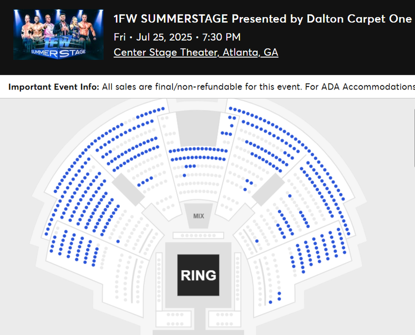 WrestleTix's tweet image. 1FW SUMMERSTAGE
Fri • Jul 25, 2025 • 7:30 PM
Center Stage Theater, Atlanta, GA
Available Tickets: 404
Current Setup: 772
Tickets Distributed: 368
📈 +76 since the last update (7 days ago)
📅 Days until show: 5
⏮ Features MJF, Gunn Club, QT Marshall, Jay Lethal
💵 Cheapest…