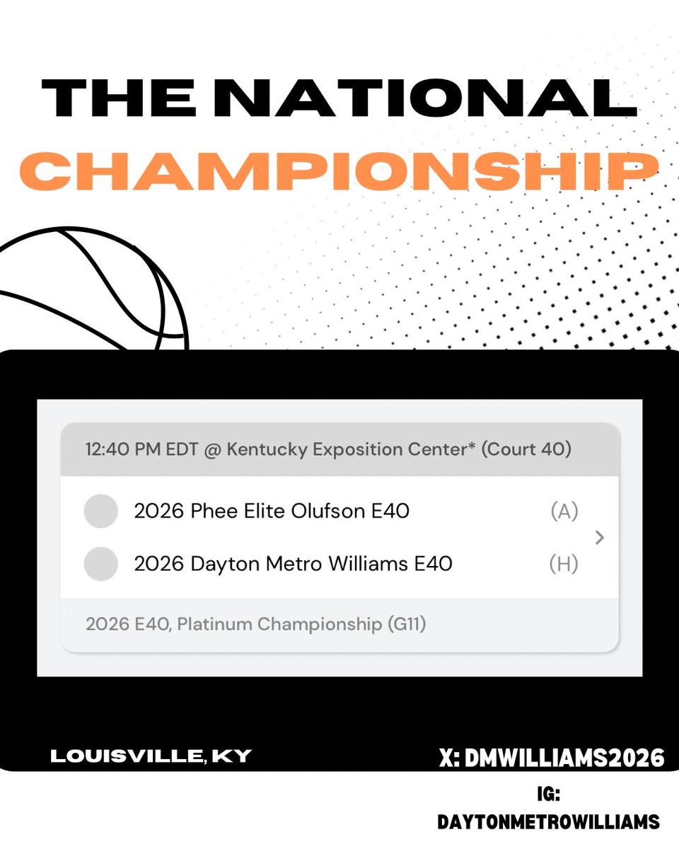 Dayton Metro Williams (@dmwilliams2026) on Twitter photo Round two! Come check us out!
Game Time: 12:40pm, Court 40
#daytonmetrobasketball
<a href="/DayMetroHoops/">Dayton Metro Hoops</a> <a href="/Elite40League/">Elite 40 League</a> Round two! Come check us out!
Game Time: 12:40pm, Court 40
#daytonmetrobasketball
<a href="/DayMetroHoops/">Dayton Metro Hoops</a> <a href="/Elite40League/">Elite 40 League</a>