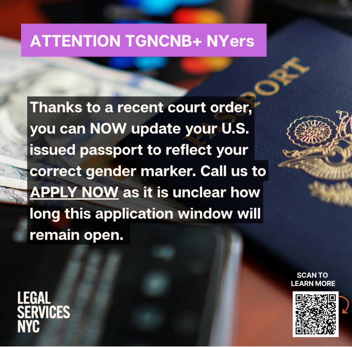 If you are in need of assistance updating your U.S Issued Passport’s current gender marker, please consider reaching out to <a href="/LSNYCnews/">Legal Services NYC</a> 

#share