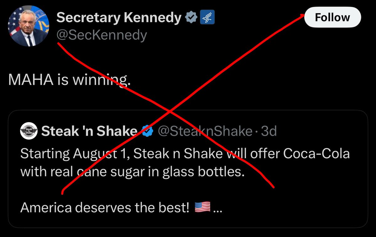 AlastairMcA30's tweet image. Serving sugary drinks with cane sugar in glass bottles won’t significantly change anyone’s health.
This is performative nonsense that summarizes how silly the “MAHA” movement is.