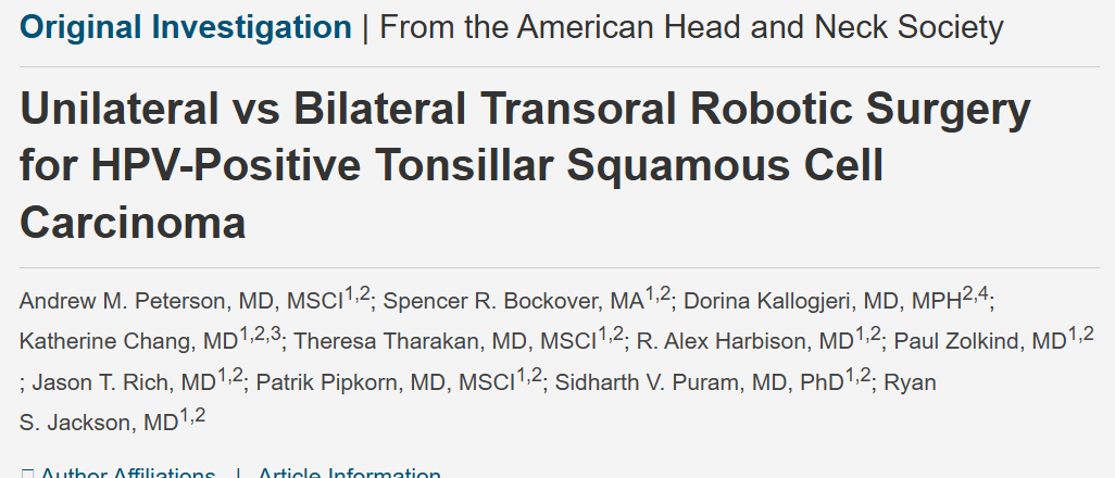drdavidpalma's tweet image. Great paper on unilateral vs. bilateral TORS for tonsillar SCC, featured in @QuadShotNews
Contralateral tonsillar primaries: &lt;2%.
Post-op bleeding rate: 7% unilateral vs. 15% bilateral
G-tube rate at last follow-up: 8%
Peri-op MDADI scores: fell from high 80's to mid 70's.