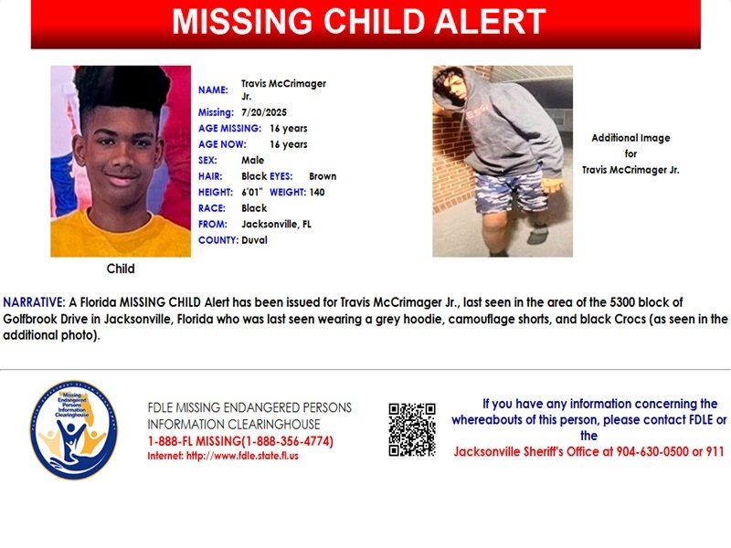 fdlepio's tweet image. 🚨 PLEASE SHARE 🚨 A Florida MISSING CHILD Alert has been issued for Travis McCrimager Jr., a black male, 16 years old, 6 feet 1 inch tall, 140 pounds, black hair and brown eyes, last seen in the area of the 5300 block of Golfbrook Drive in Jacksonville, Florida, who was last…