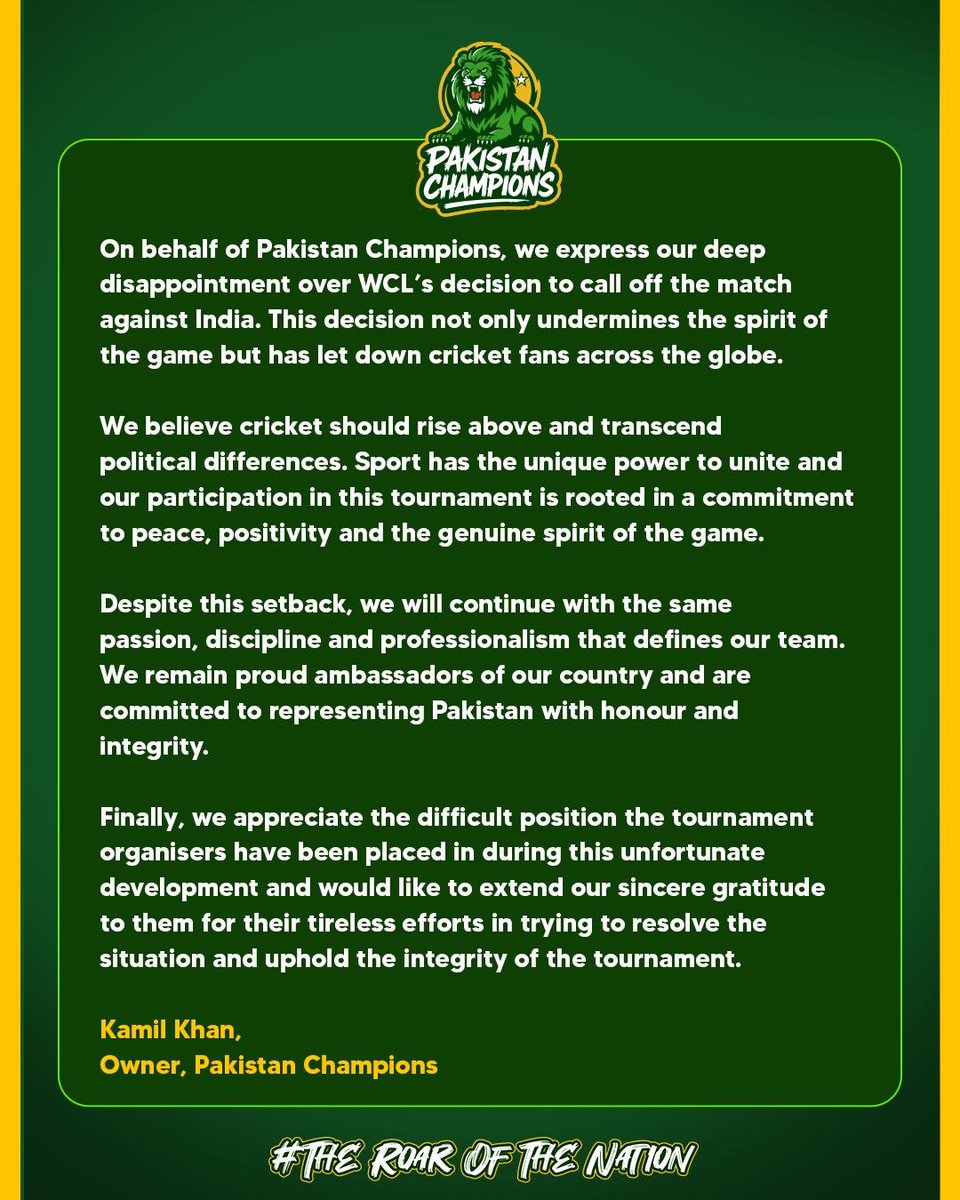 🇵🇰 Disappointed but undeterred.
Pakistan Champions stand for unity, sportsmanship &amp; the true spirit of cricket. 🏏 #WCL2025 #PakistanChampions #RoarOfTheNation

<a href="/SAfridiOfficial/">Shahid Afridi</a> <a href="/MHafeez22/">Mohammad Hafeez</a> <a href="/realshoaibmalik/">Shoaib Malik 🇵🇰</a>