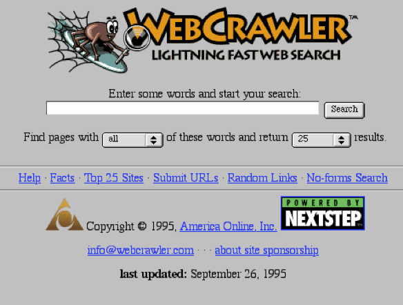 retrocompmx's tweet image. WebCrawler fue el primer metabuscador Web en con búsqueda de texto completo. Se publicó en internet el 20 de abril de 1994 y fue creado por Brian Pinkerton en la U. Washington. Fue comprado por AOL en 1995 y vendido a Excite en 1997
#retrocomputingmx #webcrawler #InternetHistory