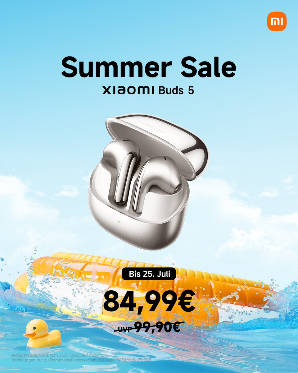 🎶 Sommer klingt besser mit den Xiaomi Buds 5 Pro – jetzt zum Sonderpreis bis 25.07.
👉 Mehr dazu: s.mi.com/oUWPo152