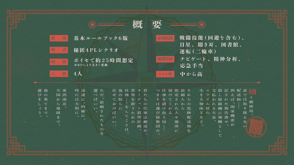helpen_hhh's tweet image. クトゥルフ神話TRPG6版
『拝啓、贖イ郵便局の皆様へ』

郵送班員×アウトロー×秘匿4PL
＿＿＿＿＿＿＿＿＿＿＿＿

書中にてお詫び申し上げます。
                                    敬具
＿＿＿＿＿＿＿＿＿＿＿＿

頒布先▶
【helpme.booth.pm/items/6644876】

#ポットラックパーティー企画2025_新規