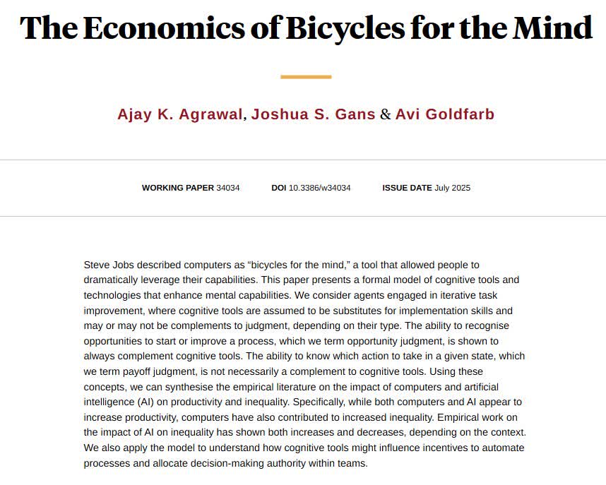 nberpubs's tweet image. Modeling computers and AI as cognitive tools provides a lens to interpret evidence on inequality, workflows, and teams, from @professor_ajay, @joshgans, and @avicgoldfarb nber.org/papers/w34034