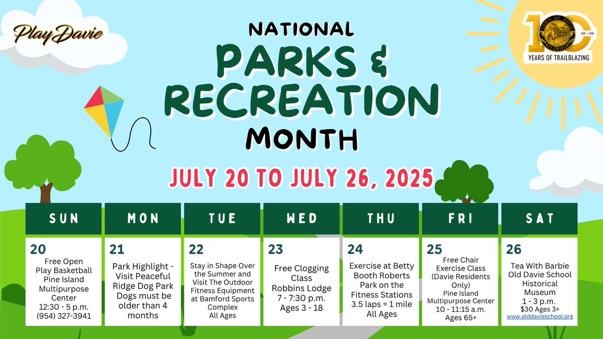 Get out and EXPLORE – It’s National Park and Recreation Month WEEK FOUR! 🌱 Our Parks and Rec Department is offering free activities all week, including open play basketball at Pine Island Multipurpose Center and a clogging class at Robbins Lodge.

🔗 davie-fl.gov/ParksandRec2025.