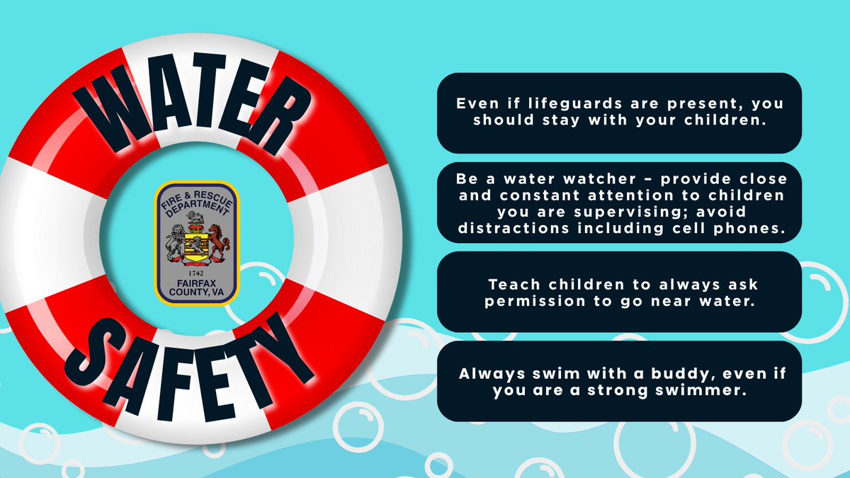 ffxfirerescue's tweet image. 🏊♀️The heat and humidity of summer have a lot of @fairfaxcounty residents spending time at the pool or on the water. #FCFRD encourages everyone to make water safety a priority. Use layers of protection in and around water. 🌊