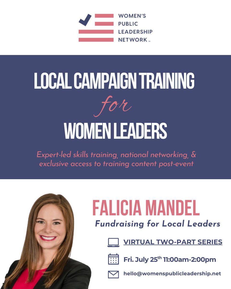If you missed Part 1 of WPLN's Local Campaign Training for Women Leaders, you can still register for Part 2 this Friday 7/25!

Falicia Mandel will cover fundraising — b/c every candidate needs funds to cover expenses on the campaign trail!

Register now 💌 hubs.la/Q03xZlB-0