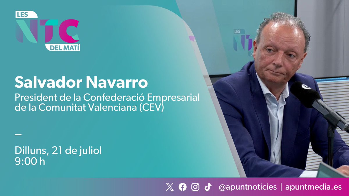 🎙️Este dilluns entrevistarem el president de la Confederació Empresarial de la Comunitat Valenciana [<a href="/CEV_CV/">CEV</a>], Salvador Navarro. 

➡️Amb <a href="/bernardoguzman/">Bernardo Guzmán</a>, Álvaro Errazu i <a href="/egraullera/">Elvira Graullera</a> en la tertúlia.

⏰ 09:00 h
📻 web.apunt.es/RàdioEnDirecte
📺 web.apunt.es/DirecteTV