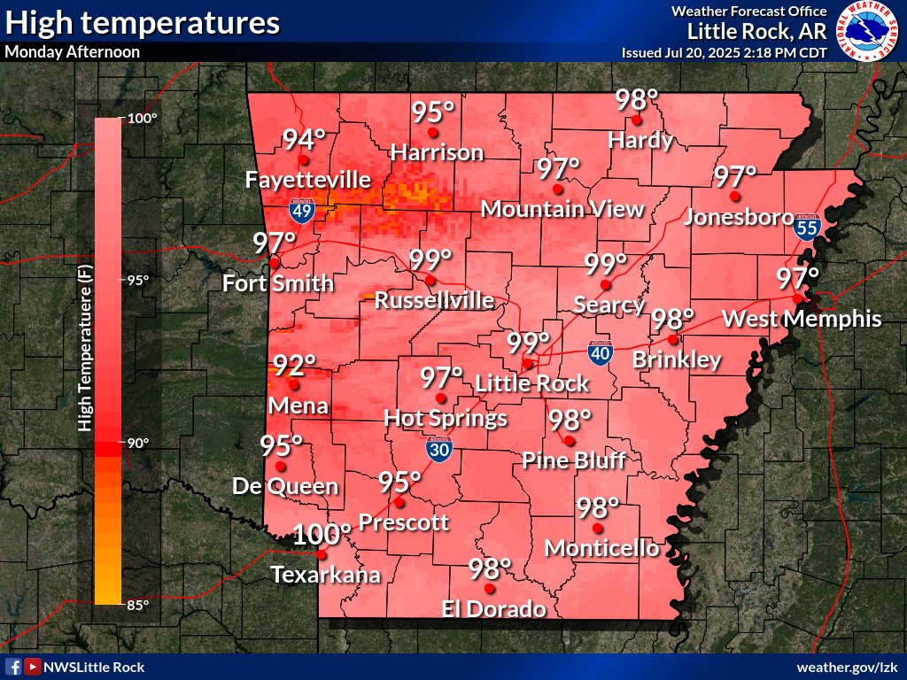 NWSLittleRock's tweet image. Warm overnight lows Monday morning will lead into some very hot temperatures Monday afternoon. #arwx