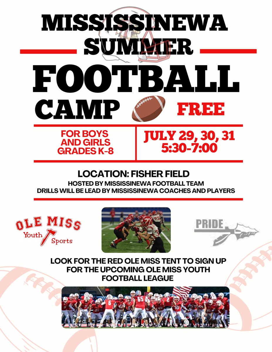 Coach Loch (@coachloch) on Twitter photo Football season is just around the corner. Why not kick the season off with an opportunity for skill development and fun at Fisher Stadium. Drills to be led by the MHS/RJB Coaching staffs and mhs athletes.
OMYS will be onsite for football sign ups
<a href="/GoMHSIndians/">Mississinewa High School Athletics</a> <a href="/MississinewaFB/">Mississinewa High School Football</a> Football season is just around the corner. Why not kick the season off with an opportunity for skill development and fun at Fisher Stadium. Drills to be led by the MHS/RJB Coaching staffs and mhs athletes.
OMYS will be onsite for football sign ups
<a href="/GoMHSIndians/">Mississinewa High School Athletics</a> <a href="/MississinewaFB/">Mississinewa High School Football</a>