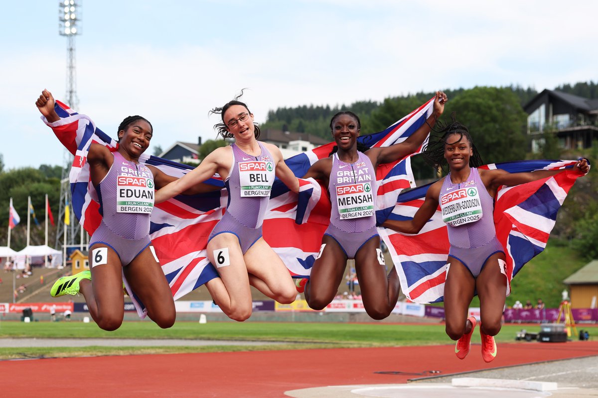 AthleticsWeekly's tweet image. One of the performances from the European U23 Championships came from the GB women's 4x100m team 🇬🇧
Success Eduan, Alyson Bell, Kissiwaa Mensah and Nia Wedderburn-Goodison clocked a championships record of 42.92 to win the gold medal 🥇