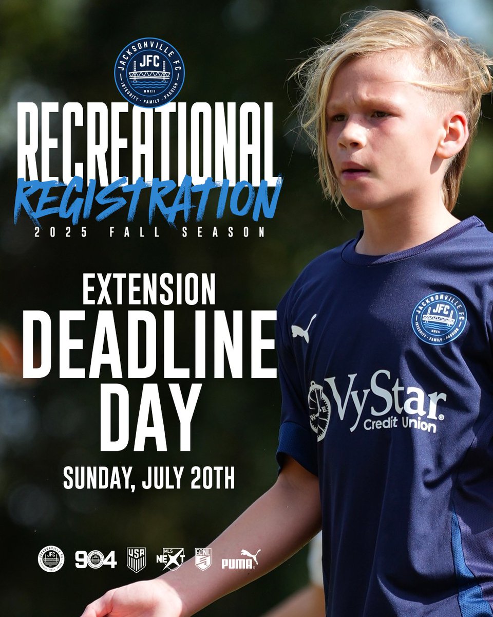 jacksonville_fc's tweet image. Today is the Day!
It’s your final shot to be part of the action this fall with JFC Rec!
One more day of signups before it’s waitlist only, don’t miss out on a season packed with goals, laughs, teammates, and great memories.
Open to boys and girls ages 4 to 19, no matter the…