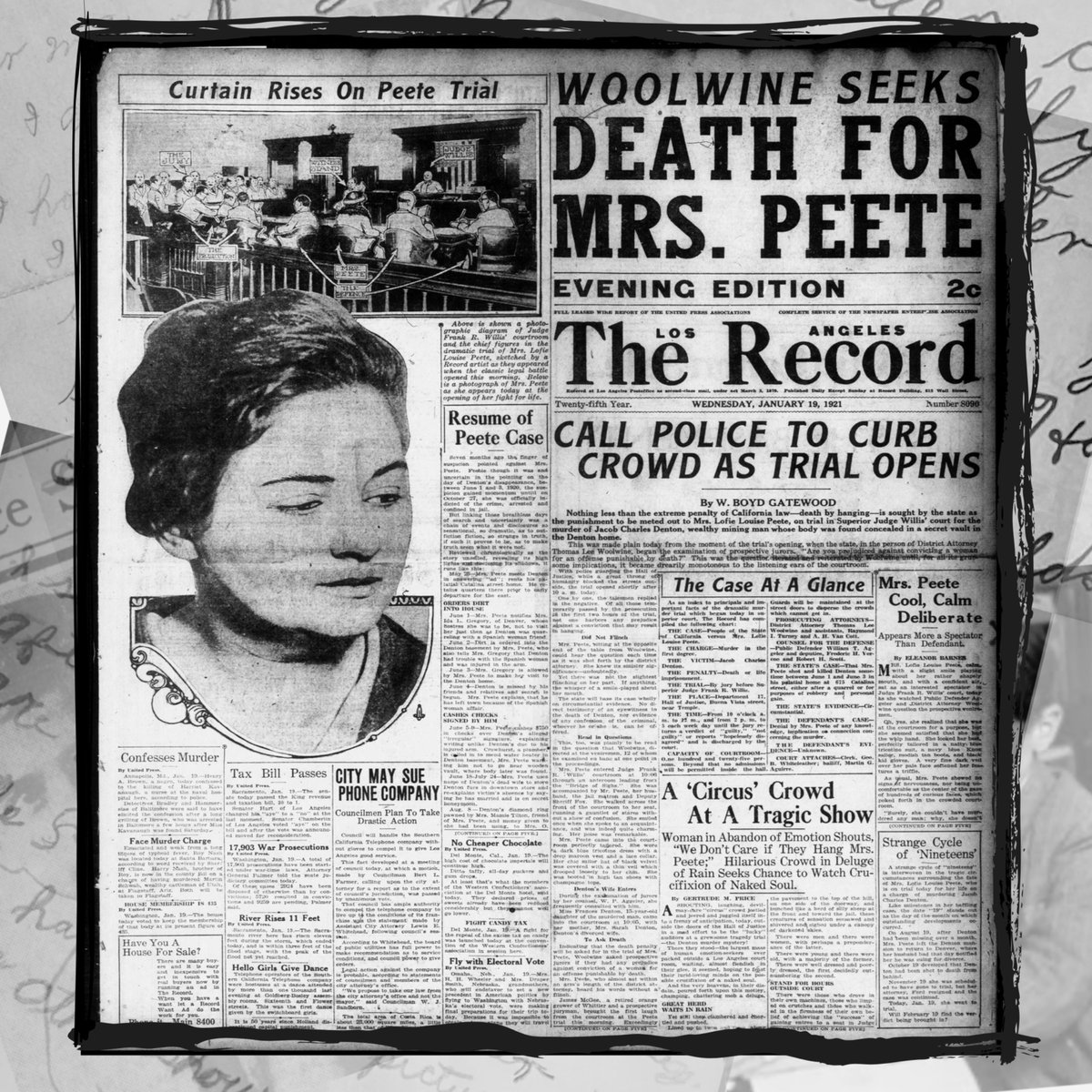 📸CASE PHOTOS 📷 Press Clippings from The Lost Boys Of Wineville / Chapter  14. 1 - Louise Peete's mugshot when she was younger 2 - Louise Peete on the  stand 3 -, image size:1200x1200