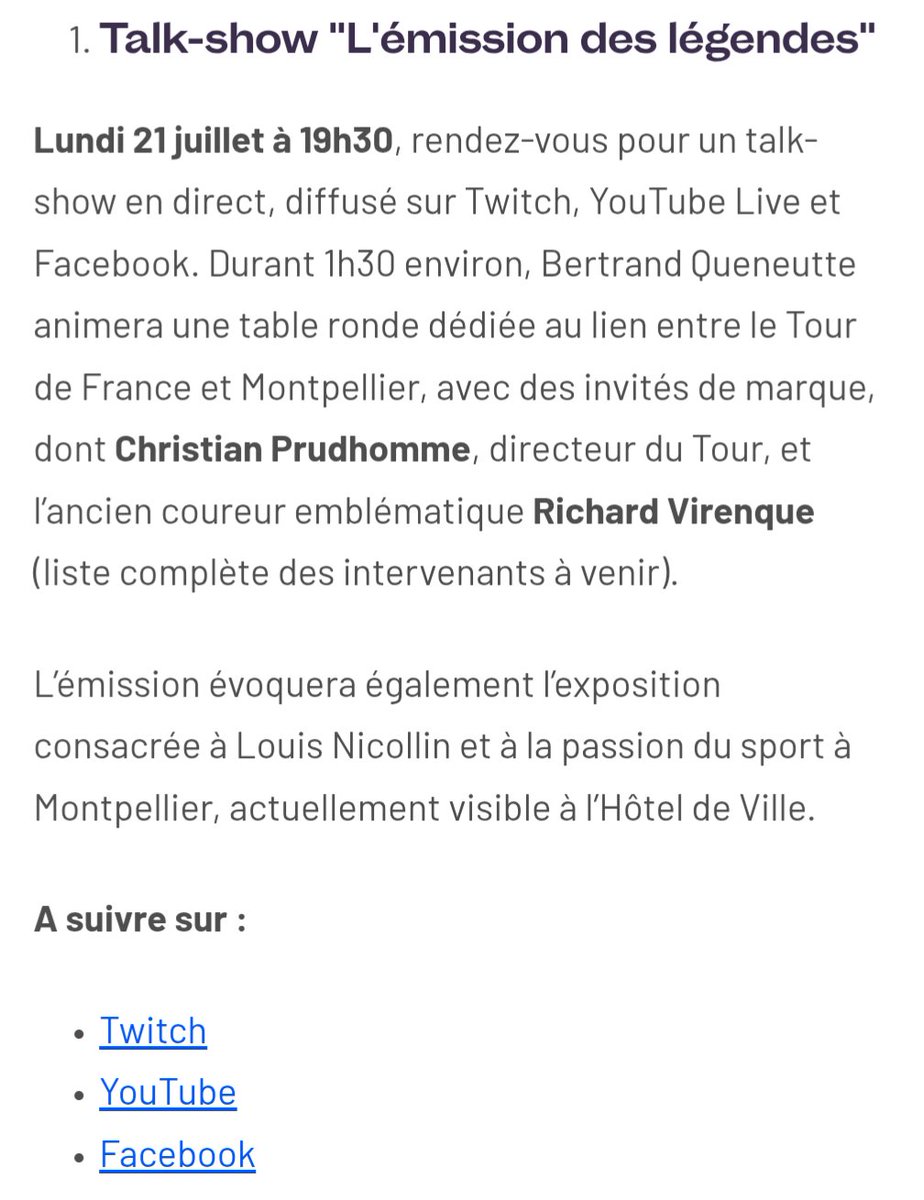 Bertrand Queneutte (@b_queneutte) on Twitter photo Rendez-vous demain soir : 19h30 sur Twitch, Youtube et Facebook depuis le parvis de l'hôtel de ville de #Montpellier
🚴🏻♂️➡️ TALK SPECIAL | Tour de France
🗯️ Prudhomme, Virenque, Jalabert, Nicollin & d'autres invités avec nous en direct cc <a href="/BenjiPsaume/">benji psaume</a> #TourDeFrance2025 #Cyclisme Rendez-vous demain soir : 19h30 sur Twitch, Youtube et Facebook depuis le parvis de l'hôtel de ville de #Montpellier
🚴🏻♂️➡️ TALK SPECIAL | Tour de France
🗯️ Prudhomme, Virenque, Jalabert, Nicollin & d'autres invités avec nous en direct cc <a href="/BenjiPsaume/">benji psaume</a> #TourDeFrance2025 #Cyclisme