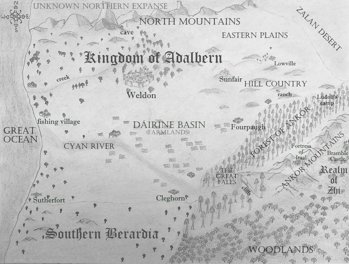 LeannaRapier's tweet image. This is the map I drew for my WIP. It was a big help for world building although itโs not 100% to scale. I really want to learn to draw maps. Like one I feel is good enough to include in my book.