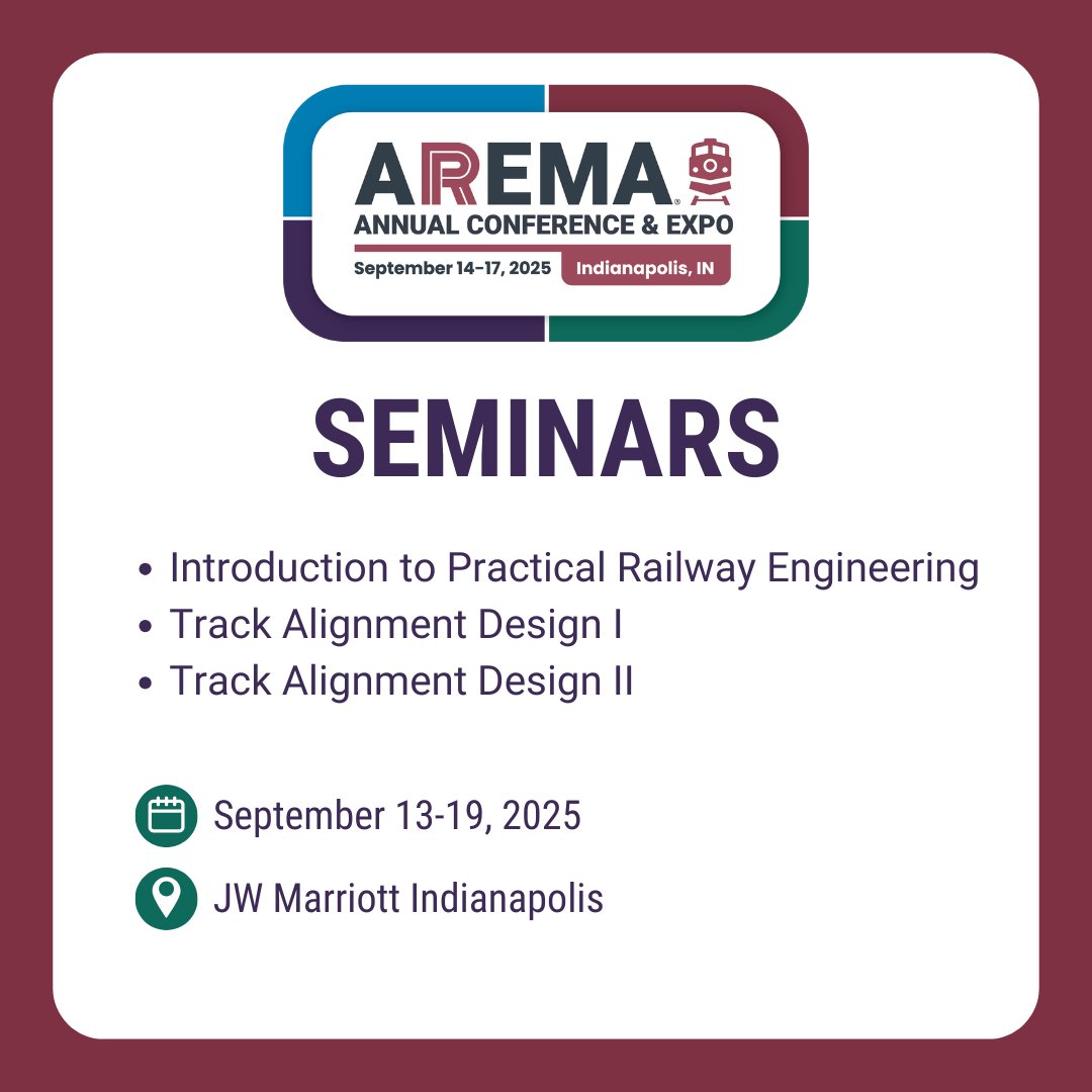 🚆 Level up your railway skills at AREMA 2025 Annual Conference &amp; Expo with expert-led seminars:

✅ Intro to Railway Engineering (Sept 13-14)
✅ Track Alignment Design I &amp; II (Sept 17-19)

Register now 👉 zurl.co/C0dTh 

#TrackDesign #ProfessionalDevelopment
