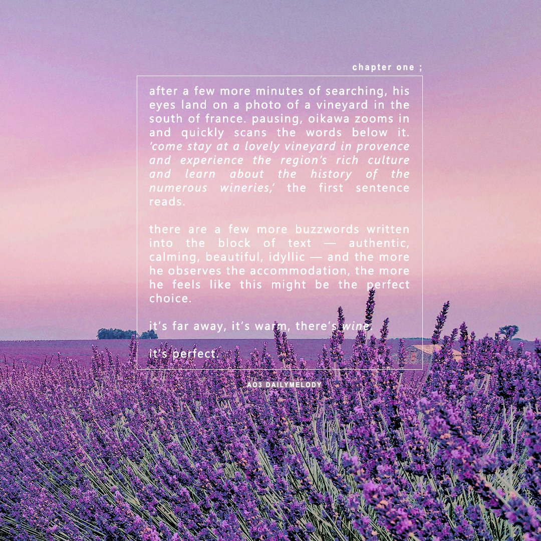 oikawa_png's tweet image. wildflower dreams.
#iwaoi, #岩及, ongoing, summer fling.
— oikawa is an author, iwaizumi is a photographer. their paths cross in the south of france.
🪻 ao3.org/works/67868171