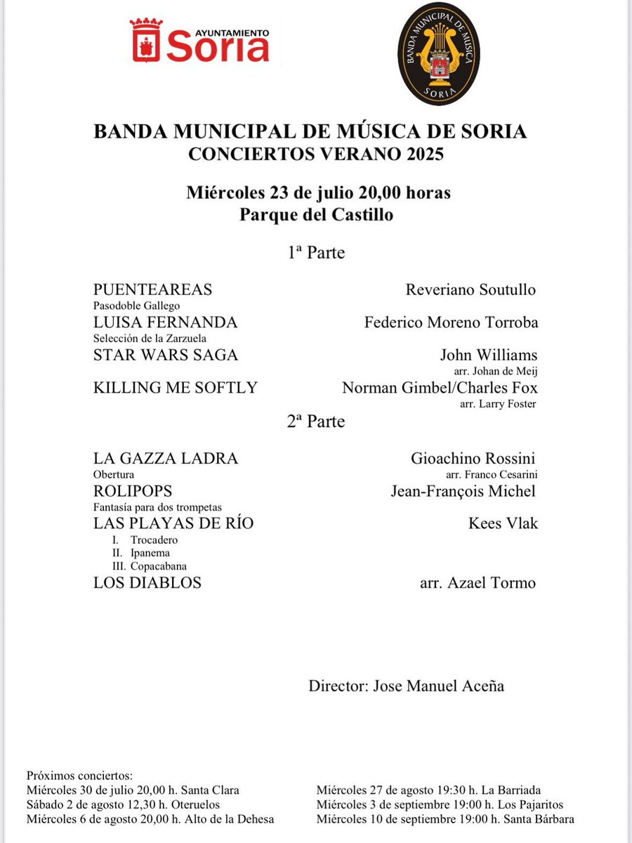 🎶 Este miércoles 23 de julio a las 20:00 h…
🎺 ¡Concierto de la Banda en el Parque del Castillo!
🎼 Zarzuela, Star Wars, pasodobles, música brasileña, pop español…

🌟 ¡Todo bajo el cielo de #Soria!
#SoriaEsMúsica #ConciertoDeVerano #BandaMunicipal

<a href="/Ayto_Soria/">Ayuntamiento de Soria</a>