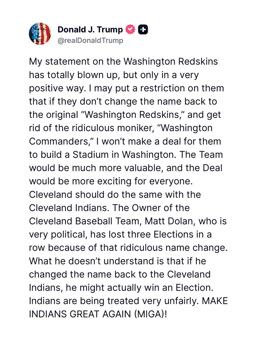 🚨President Trump says he’ll block the new Washington stadium deal unless the team returns to the Redskins name.