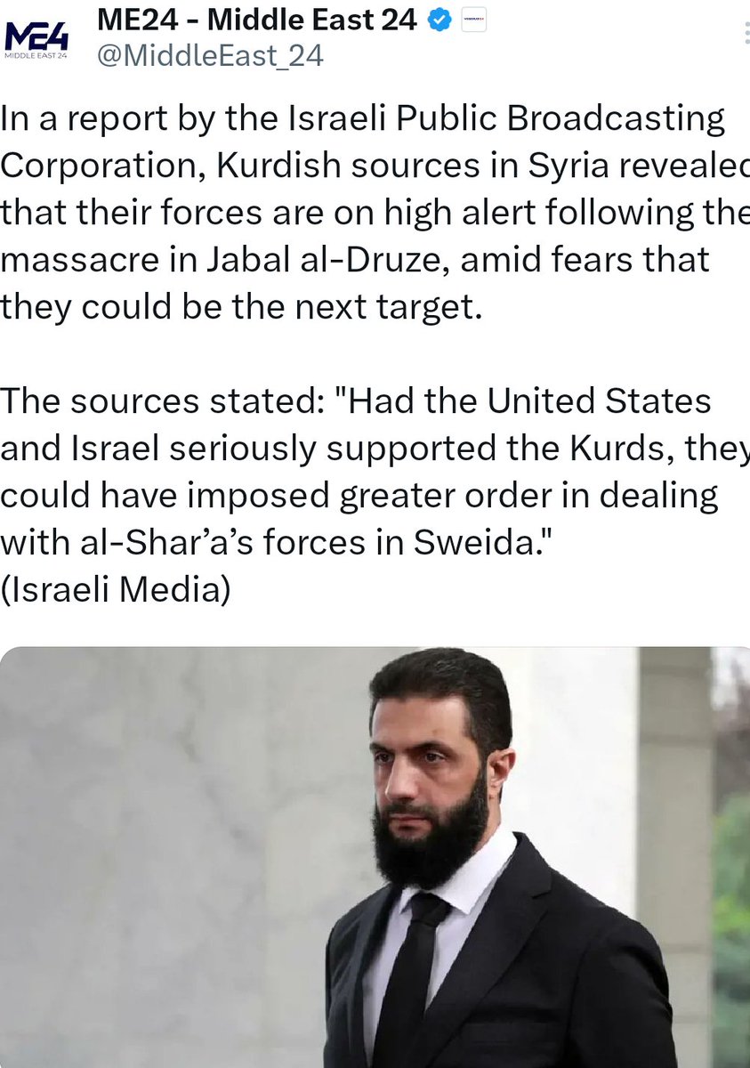 David S. (@davids_liberdad) on Twitter photo Follow <a href="/JacobALinker/">Jacob Ben-David Linker 🪬🕎✡️🕎🪬</a>. Best analysis on the winners and losers from this past weeks runaway tumolt.
I would add there were major misunderstandings along with deliberate power plays which backfired starting in Baku. What a disfigured web!
WINNERS: Hikmat al-Hijri, the SDF-Kurds, Follow <a href="/JacobALinker/">Jacob Ben-David Linker 🪬🕎✡️🕎🪬</a>. Best analysis on the winners and losers from this past weeks runaway tumolt.
I would add there were major misunderstandings along with deliberate power plays which backfired starting in Baku. What a disfigured web!
WINNERS: Hikmat al-Hijri, the SDF-Kurds,