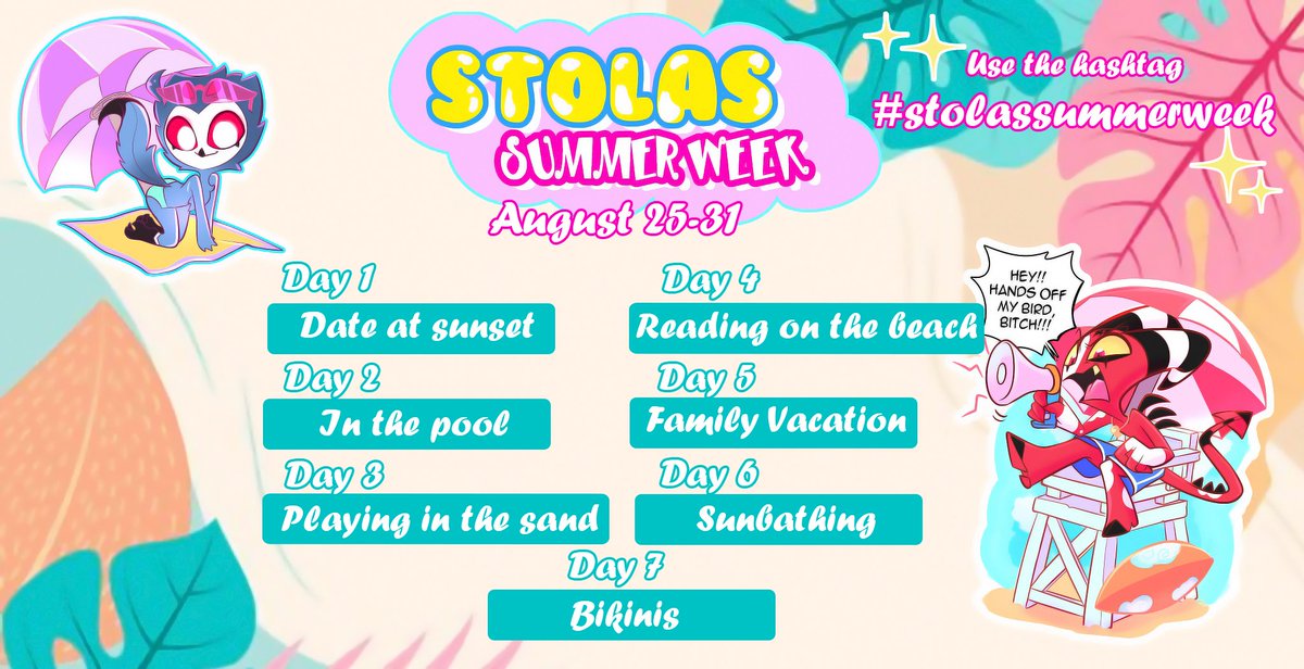 ♦️melle_moon_draws♦️ (@melledraws) on Twitter photo Hey pookies! Since we're going to be missing Stolas for a while, <a href="/zero_lawliet/">Zero ✨JW Madrid✨😈🎨😺🌕</a> and I want to organize a Stolas Summer Week! Artists and writers are welcome. These themes are for inspiration only, You can create with any other summer-themed prompts you want!
#HelluvaBoss #Stolas Hey pookies! Since we're going to be missing Stolas for a while, <a href="/zero_lawliet/">Zero ✨JW Madrid✨😈🎨😺🌕</a> and I want to organize a Stolas Summer Week! Artists and writers are welcome. These themes are for inspiration only, You can create with any other summer-themed prompts you want!
#HelluvaBoss #Stolas