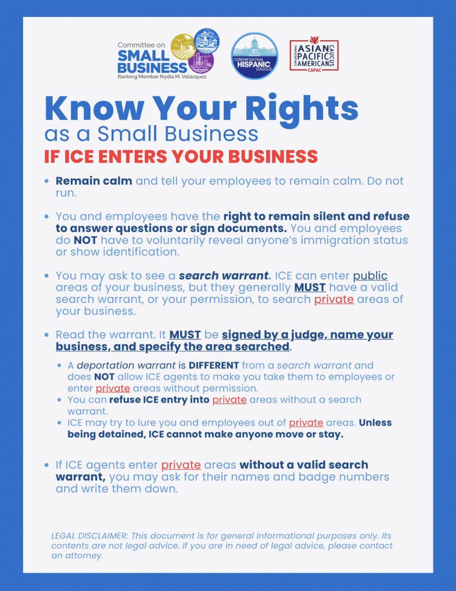 Rep_Stansbury's tweet image. Small businesses, know your rights if ICE shows up at your place of business. Save these graphics and keep them handy, just in case.
For more KYR information, visit: stansbury.house.gov/YourRights
#KnowledgeIsPower