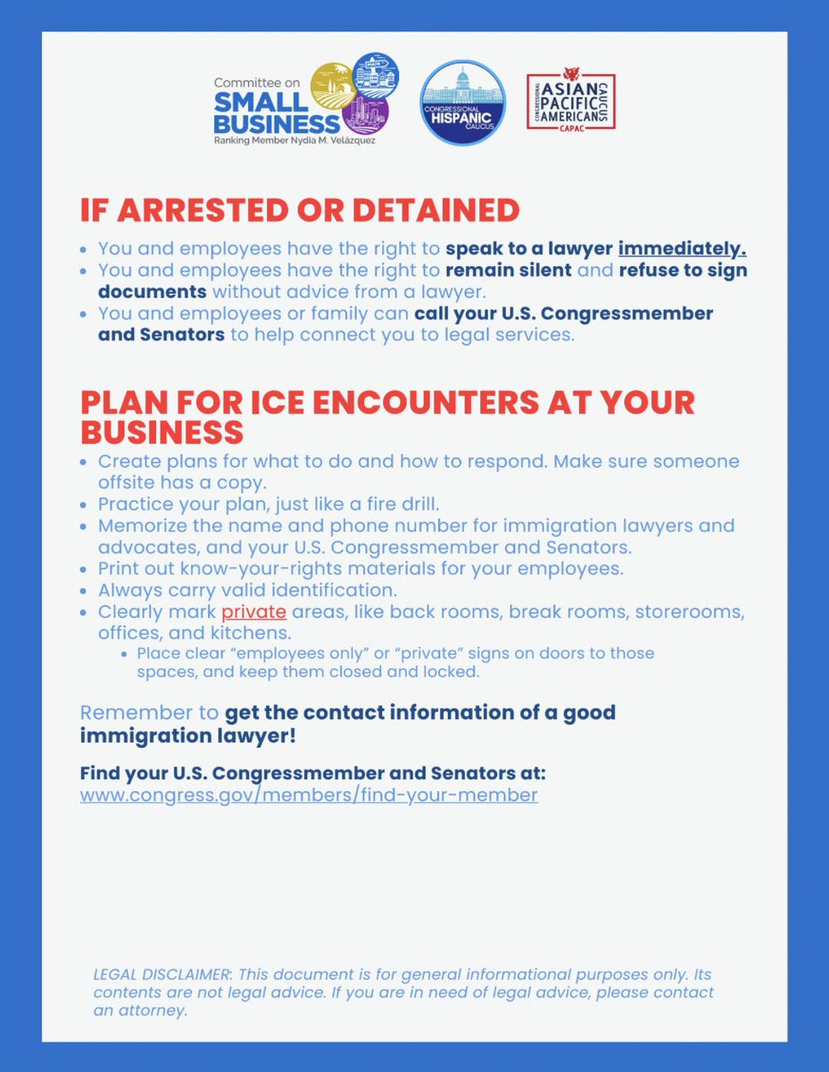 Rep_Stansbury's tweet image. Small businesses, know your rights if ICE shows up at your place of business. Save these graphics and keep them handy, just in case.
For more KYR information, visit: stansbury.house.gov/YourRights
#KnowledgeIsPower