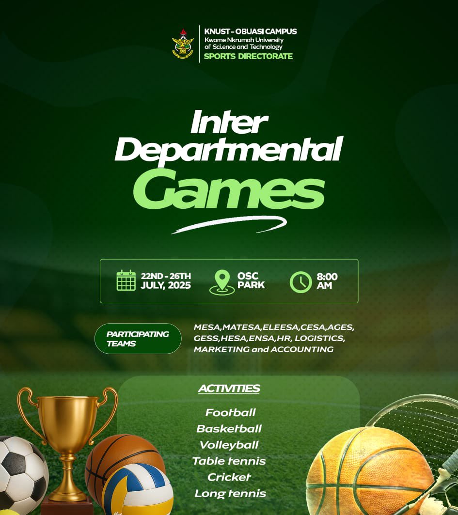 ObuasiSrc's tweet image. The battle lines are drawn, the field, checked. It's time for the ultimate showdown of skills and team spirit.
From the University's Sports Directorate, the Inter-Departmental Games are back and bigger, bringing departments together in a fierce but fun sports competition.