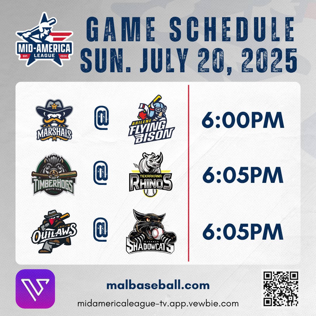 MALBaseball2024's tweet image. GAME DAY SCHEDULE | JULY 20‼️

1️⃣ 6:00PM | Fort Smith @ Abilene
2️⃣ 6:05PM | Piney Woods @ Texarkana
3️⃣ 6:05PM | Joplin @ Sherman

📺 midamericaleague-tv.app.vewbie.com

📊 Follow live stats and game updates here:
malbaseball.com/composite