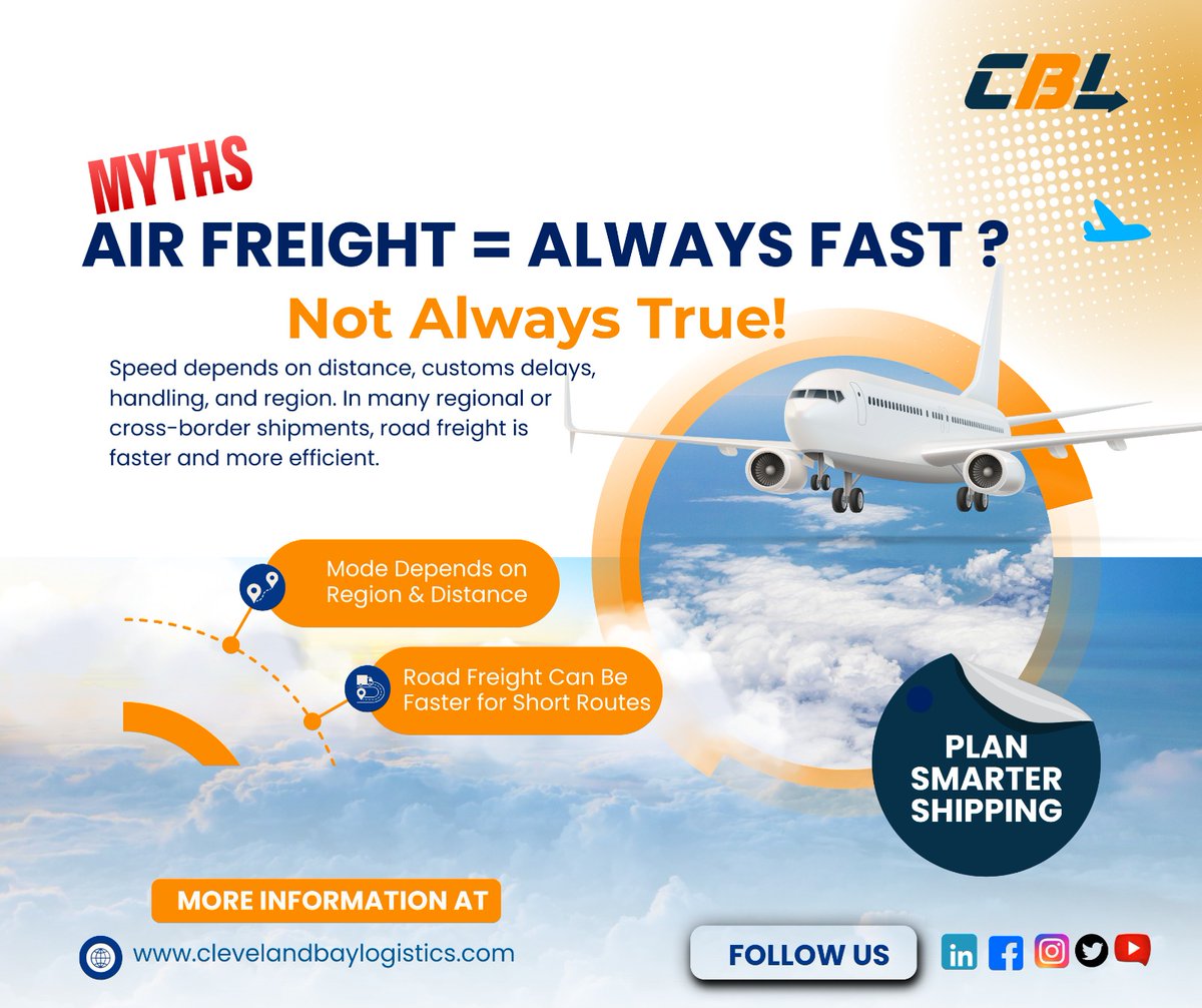 cblinc002's tweet image. 📷 Myth: Air freight is always fastest. Truth: Speed depends on distance, customs, &amp;amp; region. Sometimes, road freight 📷 wins!

Visit now - bitly.cx/UI5GK

#LogisticsLife #FreightMyths”#LogisticsMyth #SmartShopping #logistics
