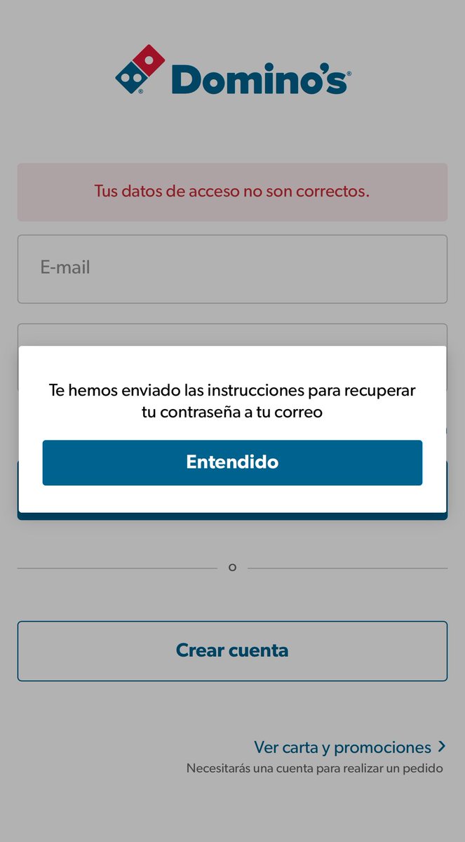 -APP sin funcionar (otra vez).
-Correo sin llegar para recuperar la cuenta.
-Evasivas por teléfono.
-Mala educación.

Que una empresa como <a href="/DominosPizza_ES/">Domino's Pizza España</a> tenga este trato al cliente es lamentable.