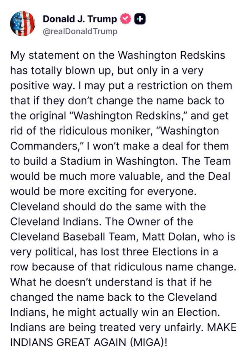 Donald Trump threatens to block a new stadium deal for the Washington Commanders unless the team changes its name back to the Redskins.

How’s this legal?
