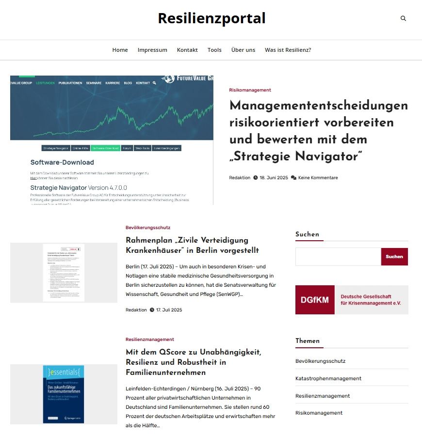 Das #Resilienzportal bündelt fortan aktuelle #Informationen zum #Resilienzmanagement von Organisationen - Herausgegeben vom #Krisennavigator &amp; Berufsverband #DGfKM - Die Redaktion nimmt Hinweise auf kostenlose Tools, Software, Bücher etc. gerne entgegen. resilienzportal.de
