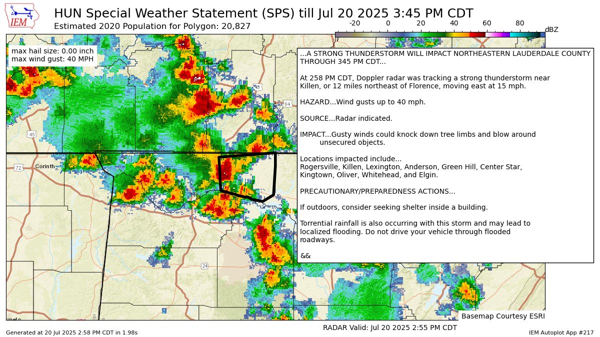 A STRONG THUNDERSTORM WILL IMPACT NORTHEASTERN LAUDERDALE COUNTY THROUGH 345 PM CDT [wind: 40 MPH, hail: 0.00 IN] mesonet.agron.iastate.edu/p.php?pid=2025…