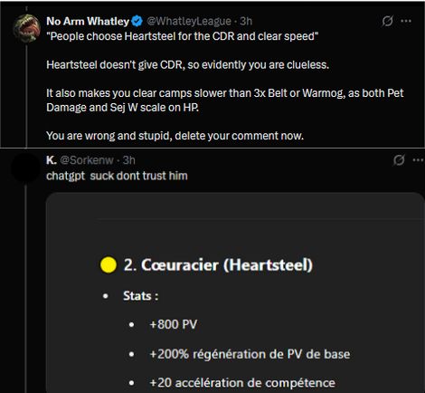 EragonUK's tweet image. My timeline rn:
Brain damaged TK otp debates pro play itemization with Twitter user who Chatgpts item stats and gets incorrect info.