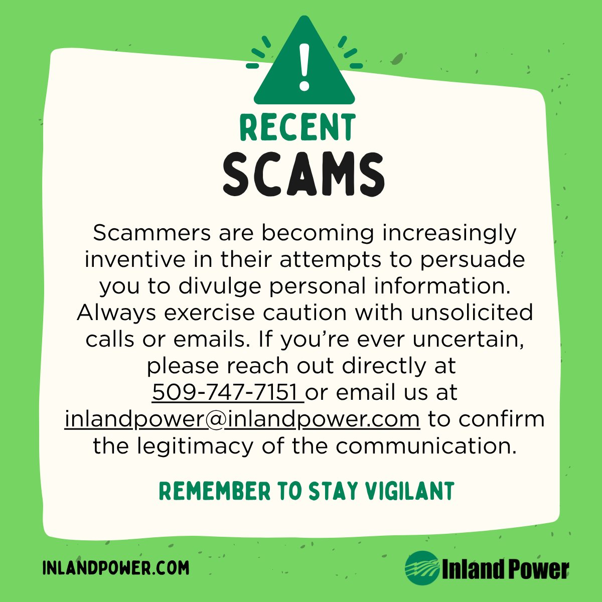 A reminder to stay vigilant and beware of scammers. ☎️📲