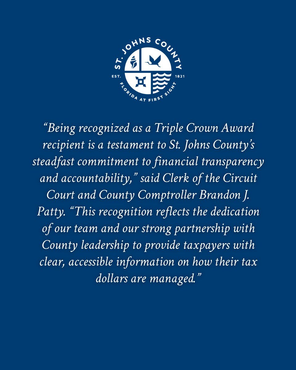 🏆🎉 Big News for St. Johns County! 🎉🏆 

We’re thrilled to share that St. Johns County has earned the prestigious GFOA Triple Crown Award for financial transparency! bit.ly/3IC52C0

#MySJCFL #TripleCrown2023 #FiscalResponsibility