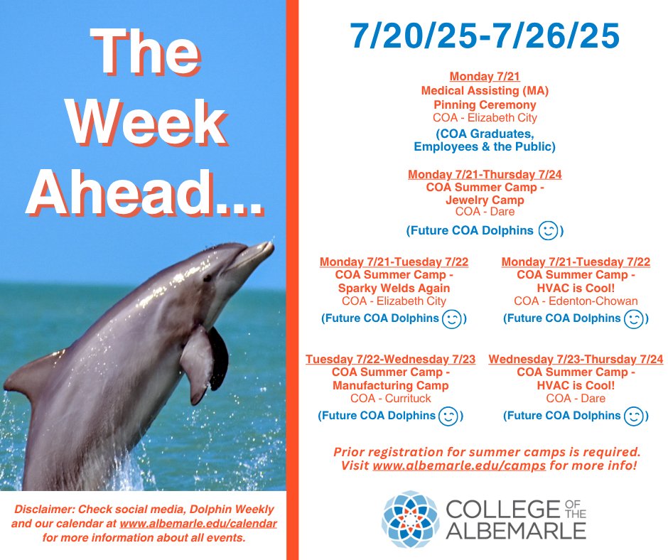 🐬THE WEEK AHEAD🐬
Check out all of what is happening this week at COA!
🧡💙
Check out our social media pages and Dolphin Weekly for more information on these events!

#TransformYourTomorrow
