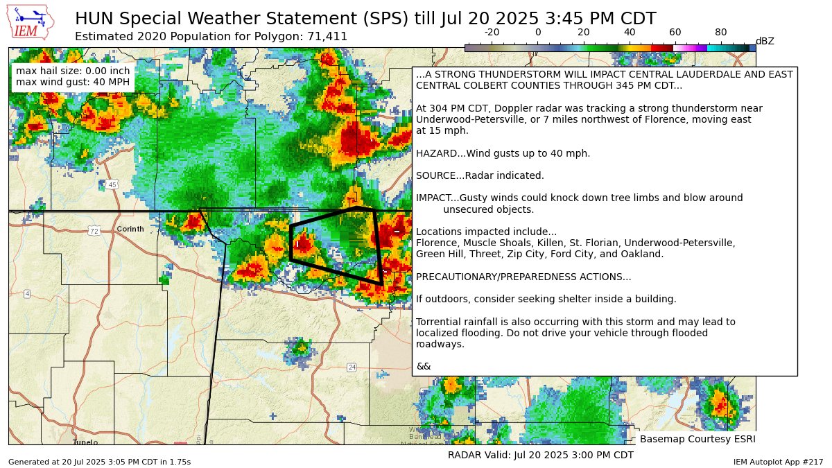 A STRONG THUNDERSTORM WILL IMPACT CENTRAL LAUDERDALE AND EAST CENTRAL COLBERT COUNTIES THROUGH 345 PM CDT [wind: 40 MPH, hail: 0.00 IN] mesonet.agron.iastate.edu/p.php?pid=2025…