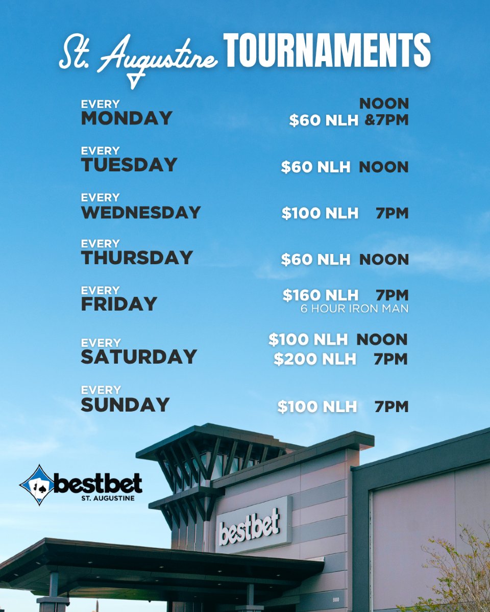 bestbet_jax's tweet image. There’s always action at bestbet St. Augustine! 🃏 With poker tournaments running every day of the week, there’s always a seat waiting for you.
#bestbetSTA #FloridaPoker #PokerTournaments #StAugustinePoker