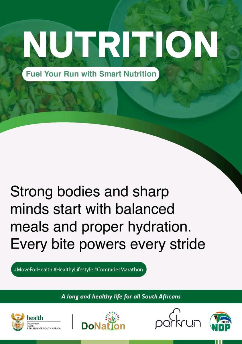 HealthZA's tweet image. Strong bodies and sharp minds start with balanced meals and proper hydration. Every bite and sip powers every stride💪💧
#Parkrun #unpackhealthMoveForHealth