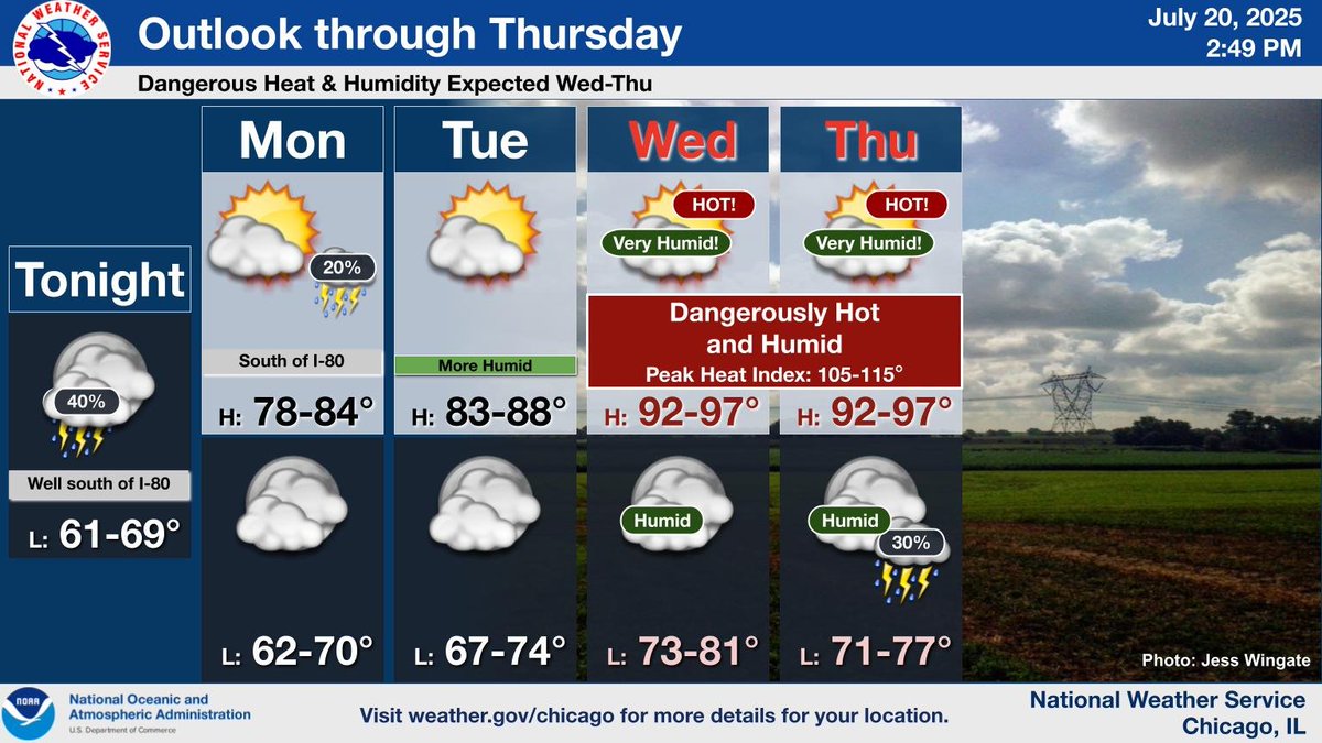 NWSChicago's tweet image. A few storms may linger this evening well south of I-80. Drier weather arrives for much of the area Mon, lingering through mid-week. Hot and humid conditions return, especially Wed/Thu, with the next chance for precipitation at the end of the week with a cold front.