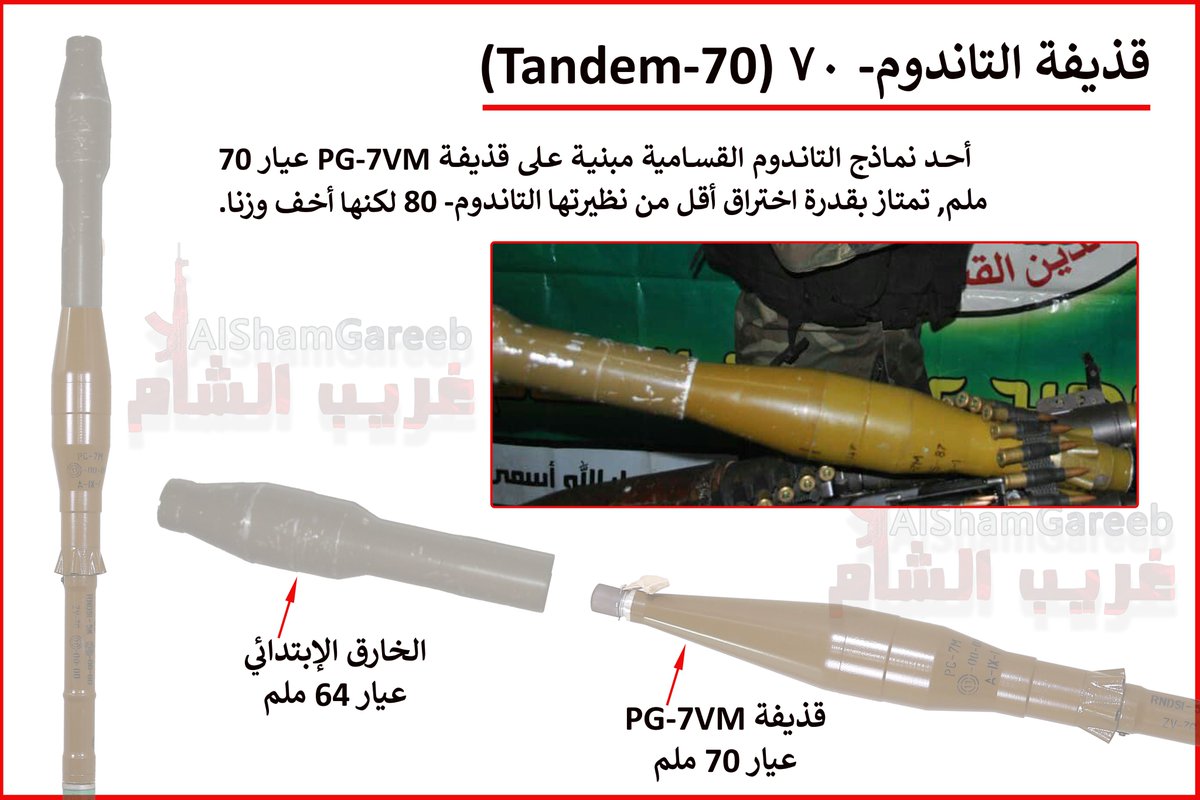 AlShamGareeb's tweet image. أحد النماذج النادرة للتاندوم القسامية, قذيفة PG-7VM أضيف لها رأس إبتدائي عيار 64 ملم وحولت الى قذيفة ترادفية يطلق عليها التاندوم-70.