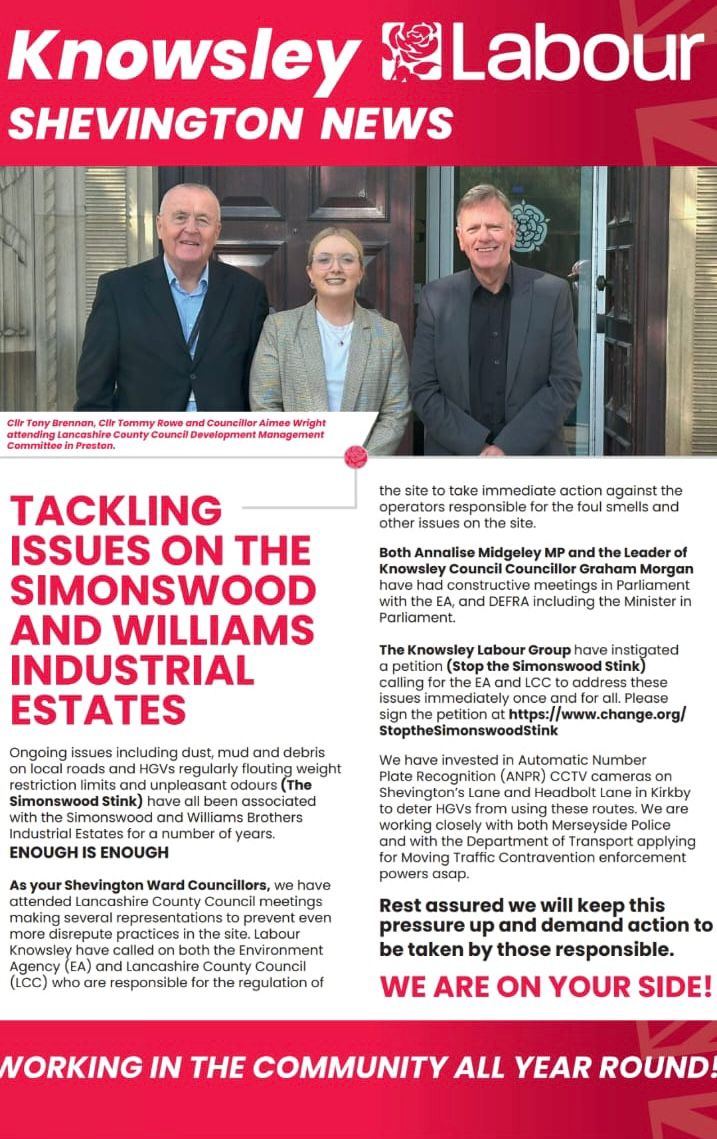 Interesting to hear Independent Whitefield Cllrs met recently with Reforms Deputy Leader of LCC re the Simonswood Stink. Your Labour Shevington Ward Cllrs with Labour Knowsley have consistently acted to address the issues, all without working with Reform!