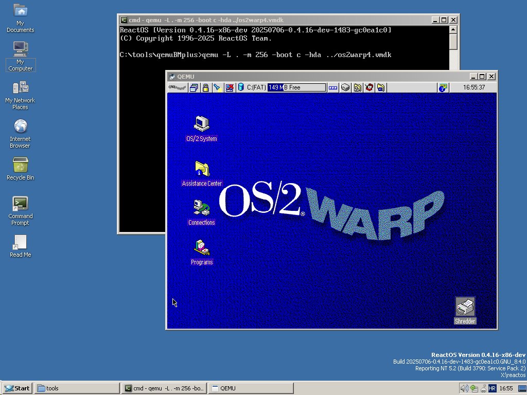 reactos's tweet image. With QEMU, #ReactOS runs OS/2 Warp 4!
Interestingly, both Task Manager and Process Explorer reports usage of 4 MB RAM only, even though virtual machine is set to use 256 MB.
Shots by tompex.