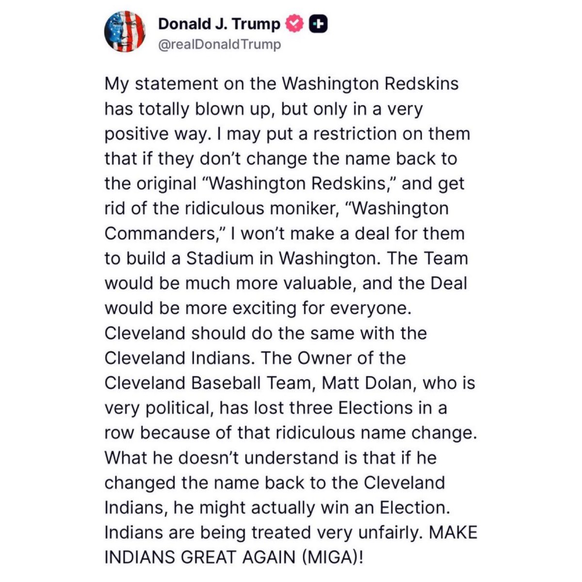Wow: Donald Trump is now threatening to potentially interfere with the RFK Stadium deal if the team doesn’t change their name back to the #Redskins.

“I may put a restriction on them that if they don't change the name back to the original "Washington Redskins," and get rid of the